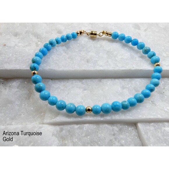 Blue Arizona Turquoise Round Beaded Gold Bracelet 4mm Beads Handmade - Picture 2 of 4